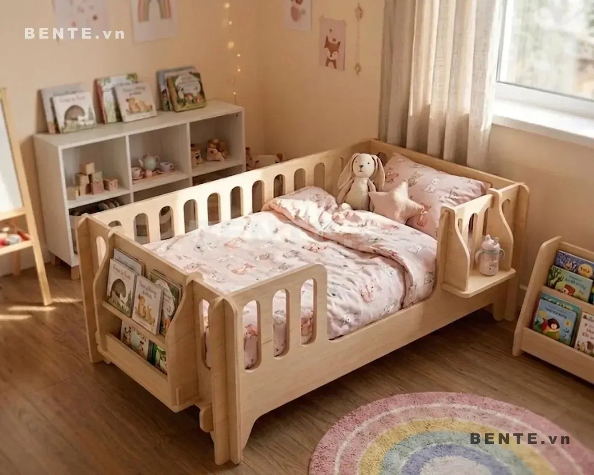 giường gỗ cho bé kệ sách tích hợp