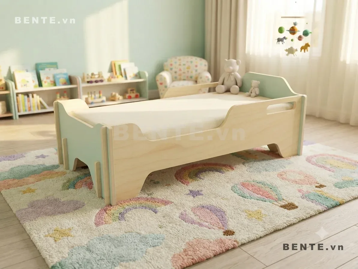 giường ngủ trẻ em khung thấp, giường Montessori thành giường cong