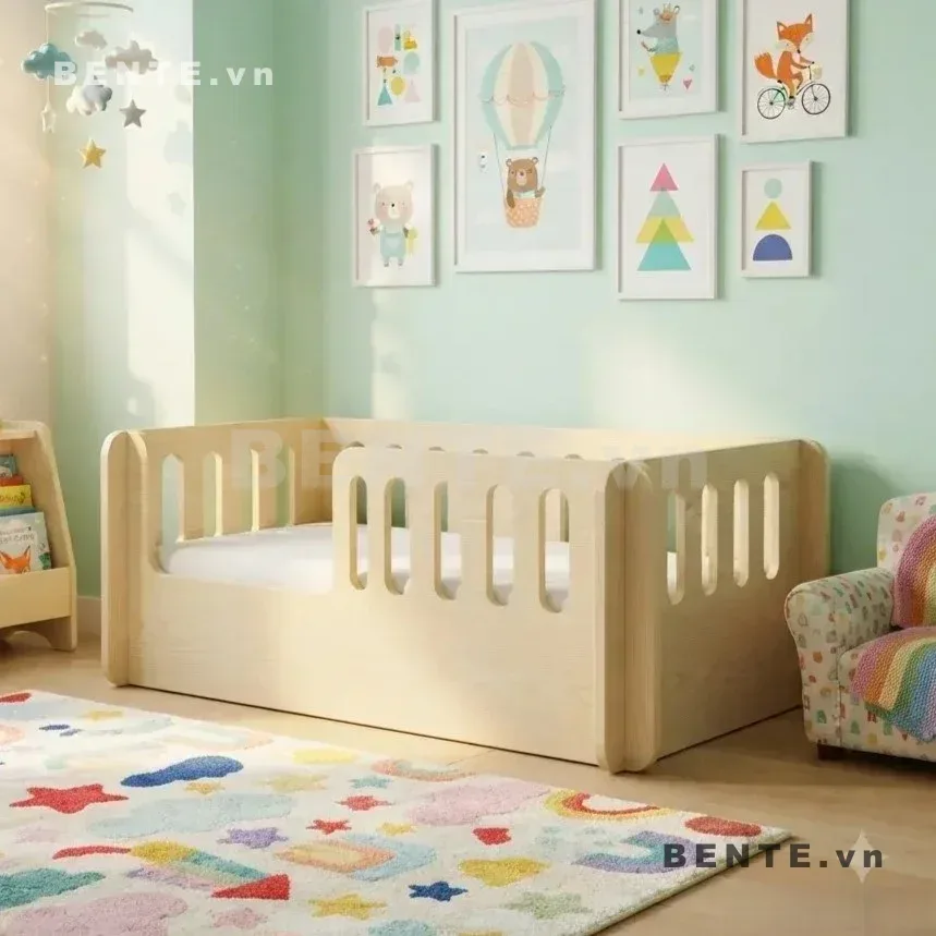 Giường Gỗ Trẻ Em Montessori Lan Can Bốn Cạnh, Lắp Ráp Đơn Giản - I72458, giường gỗ trẻ em Montessori quây bốn phía, giường trẻ em lan can khe dọc, giường ngủ bé lối vào rộng cạnh dài, giường Montessori quây kín cho bé, giường gỗ trẻ em khung thấp, giường trẻ em khe nan dọc bốn phía, giường ngủ bé lan can bo tròn, giường Montessori lối vào bên hông, giường trẻ em quây thành cao, giường gỗ trẻ em lắp ráp