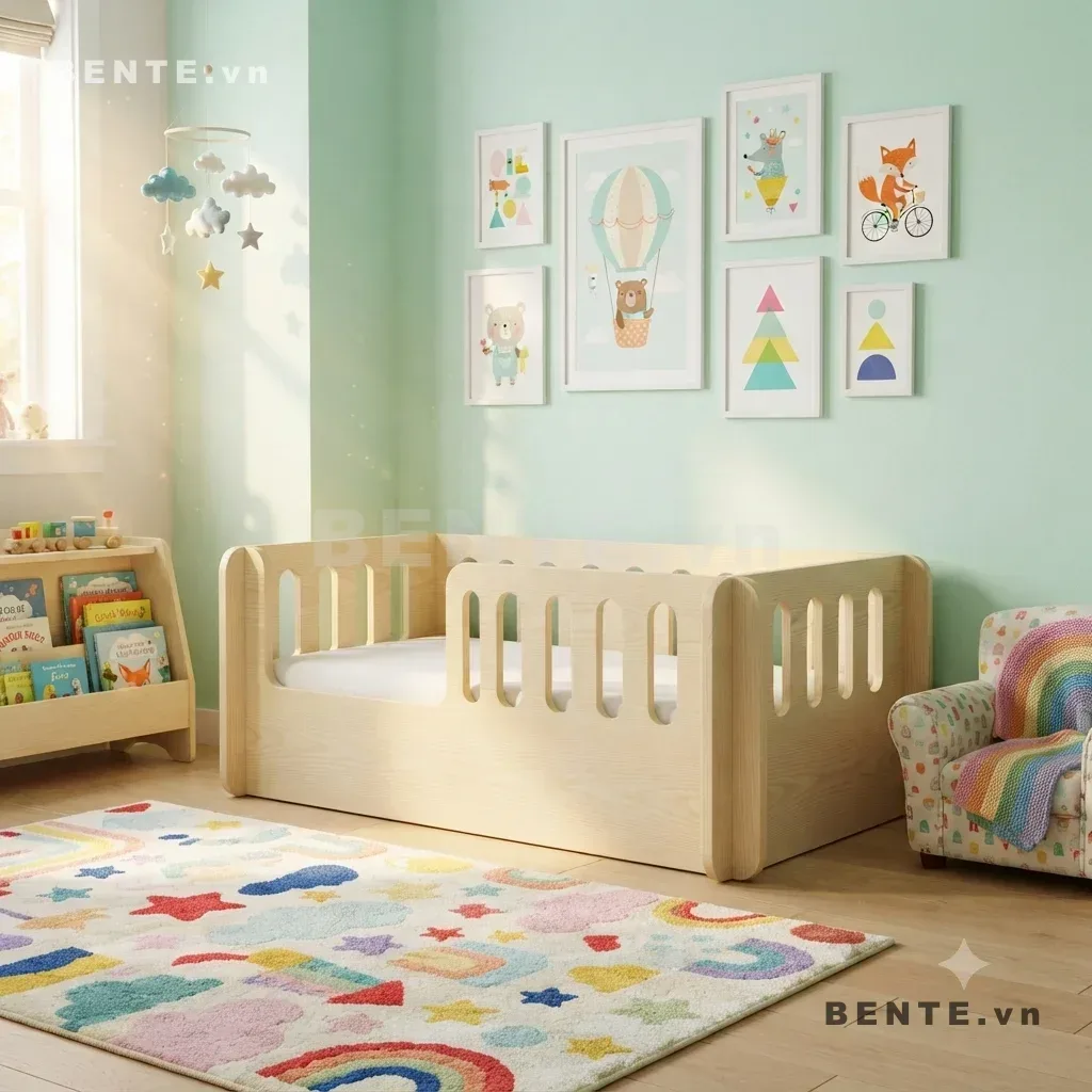 giường ngủ bé lan can bo tròn