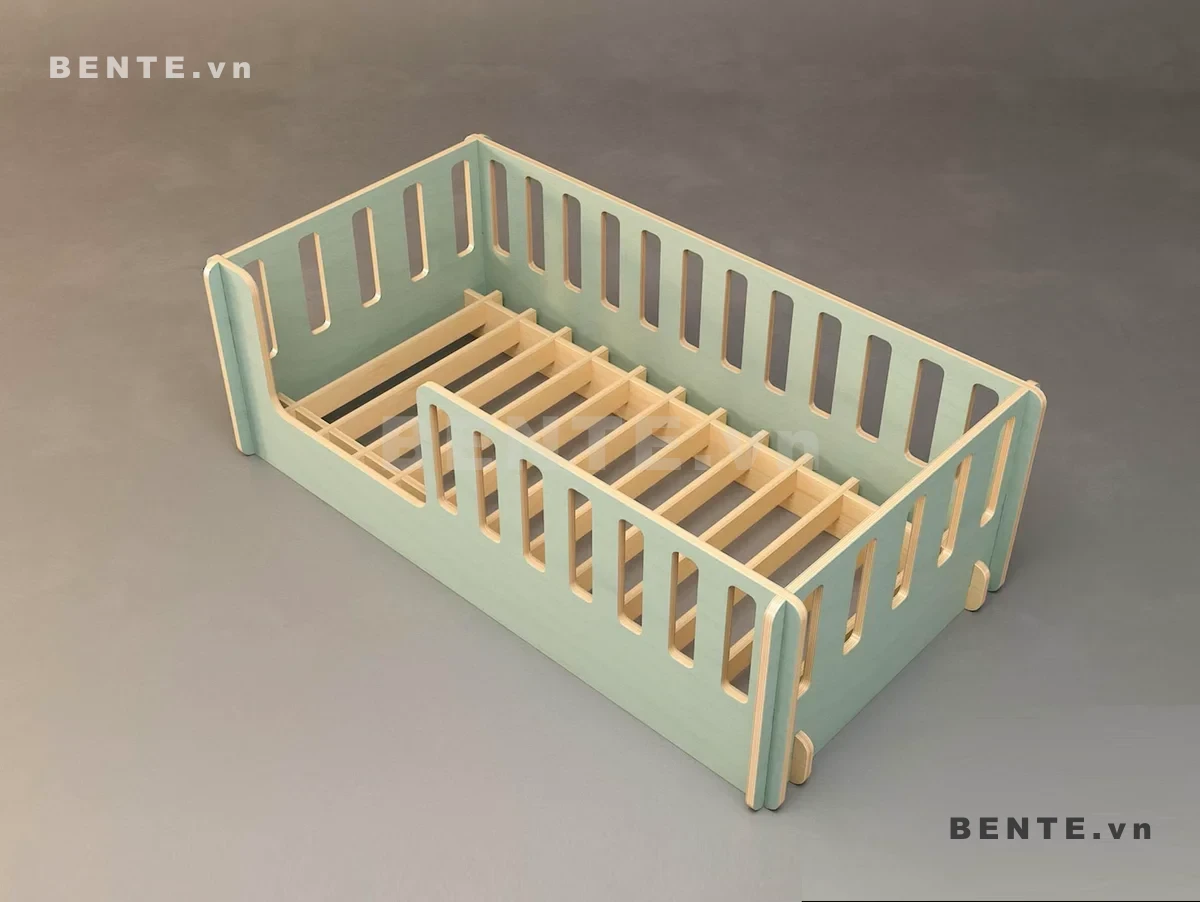 ảnh hướng dẫn lắp ráp, giường gỗ trẻ em Montessori quây bốn phía, giường trẻ em nan dọc bo tròn