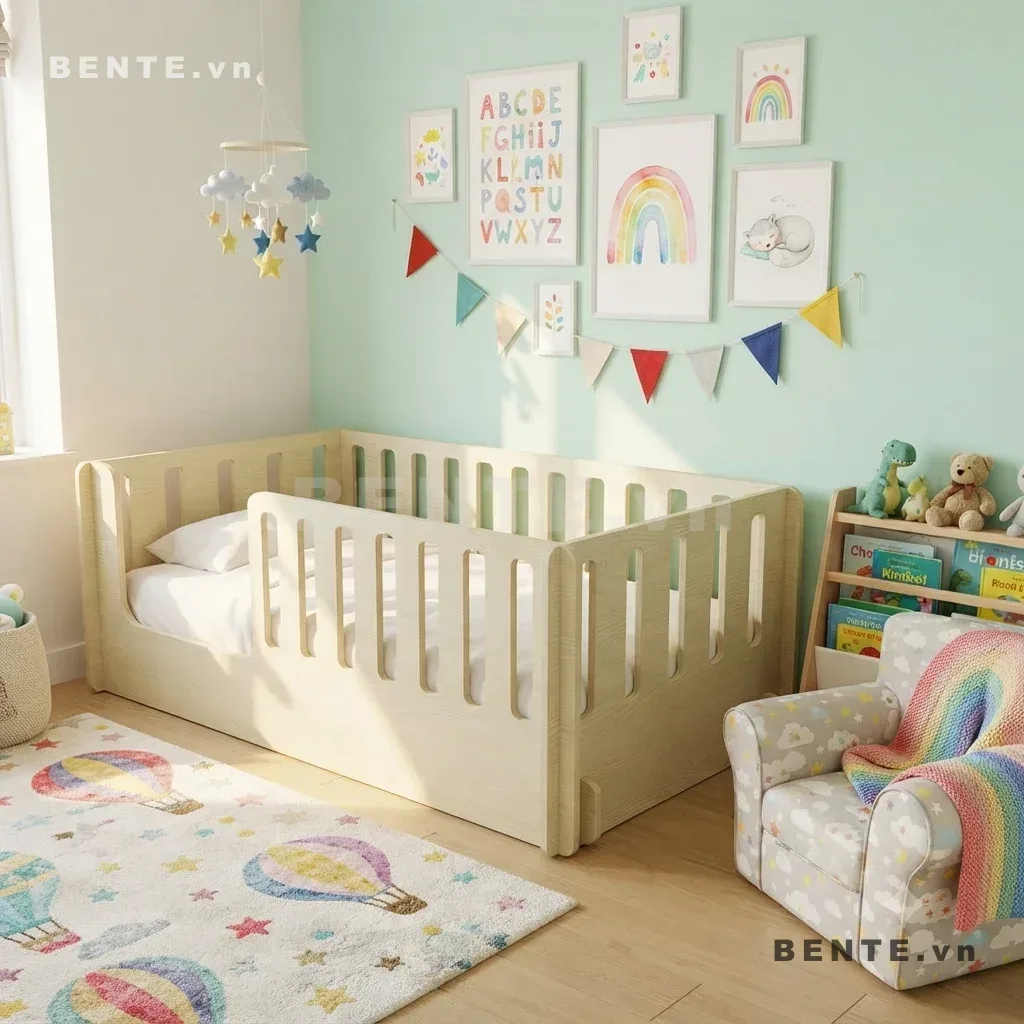 giường ngủ trẻ em khe dọc bo cong, giường Montessori lối vào đầu giường