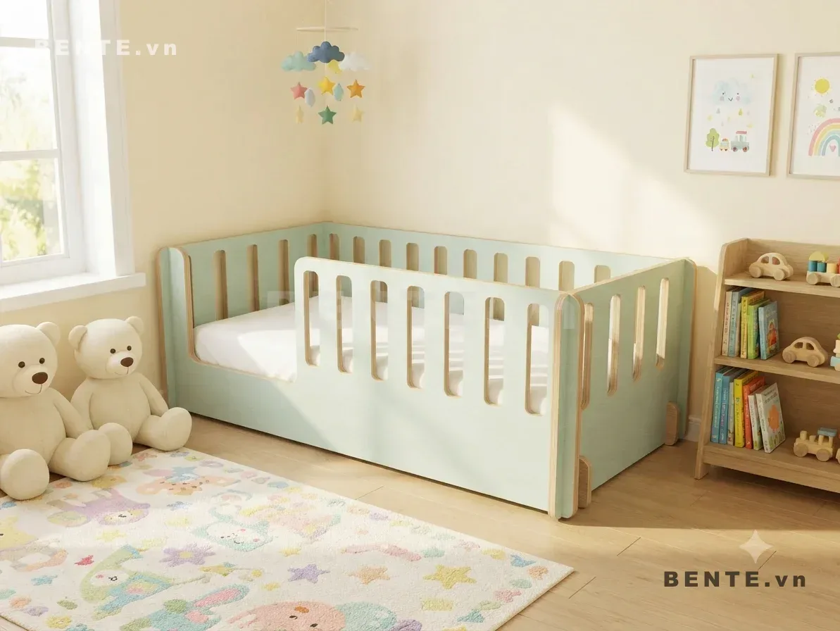 giường trẻ em lan can bốn mặt, giường gỗ trẻ em lắp ráp