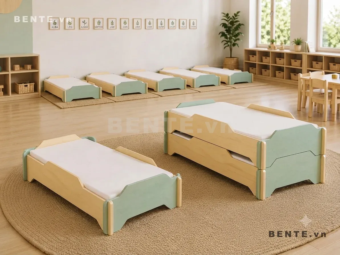 giường trẻ em chân khoét vòm, giường bé đầu giường bo góc