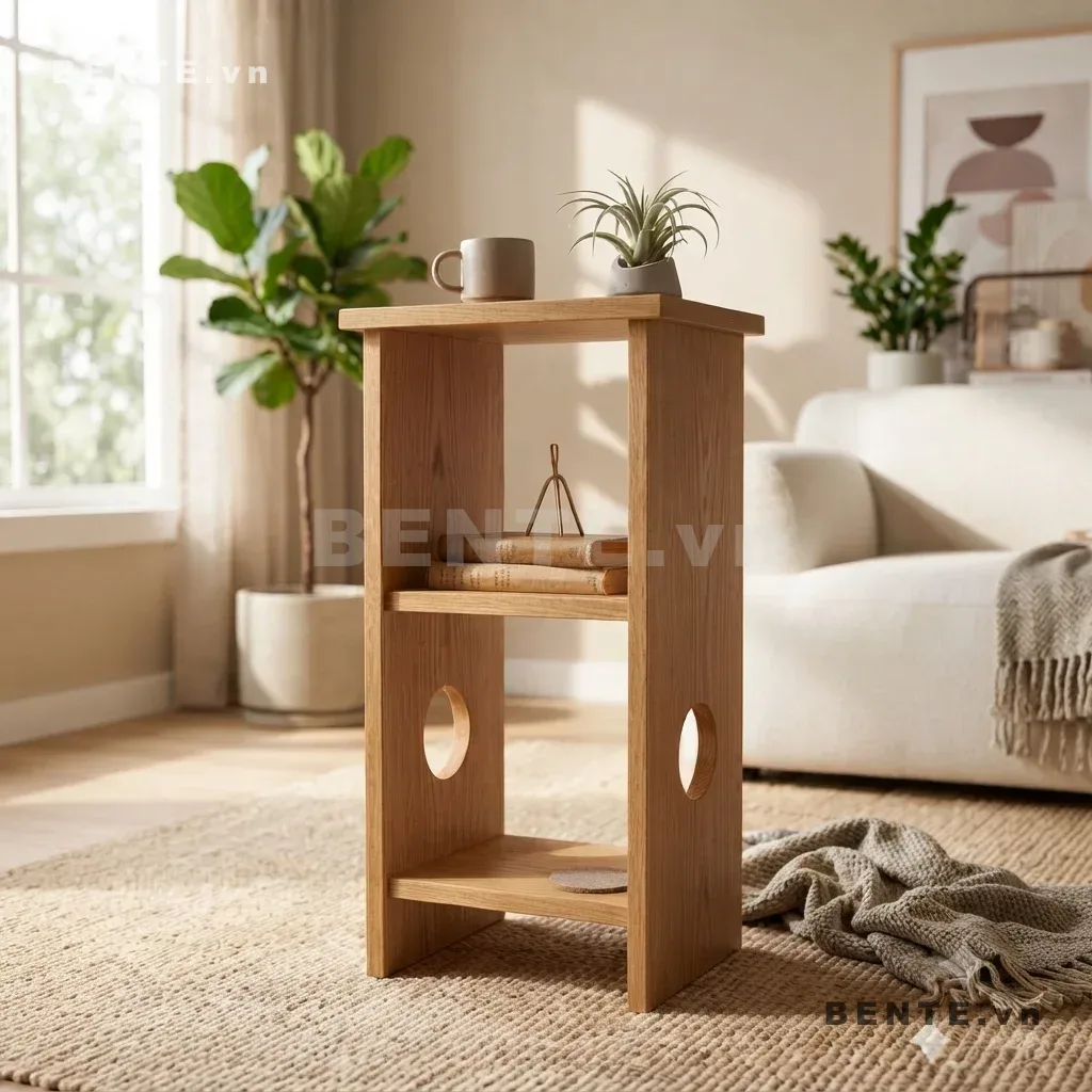 Kệ Đầu Giường Gỗ 2 Tầng, Lắp Ráp Đơn Giản - K48265, kệ đầu giường gỗ 2 tầng, kệ đầu giường hông khoét ô tròn, kệ gỗ khoang mở giữa, kệ cạnh giường mặt trên nhô rộng, kệ đầu giường hông liền tấm, kệ gỗ để sách cạnh giường, kệ đầu giường để đèn ngủ, kệ gỗ bàn phụ có ngăn mở, kệ đầu giường chân liền hông, kệ gỗ lắp ráp 2 tầng