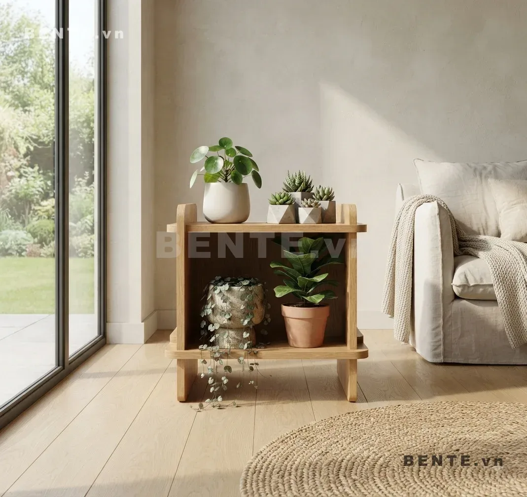 kệ gỗ hông liền tấm bo cong, bàn phụ có ngăn mở