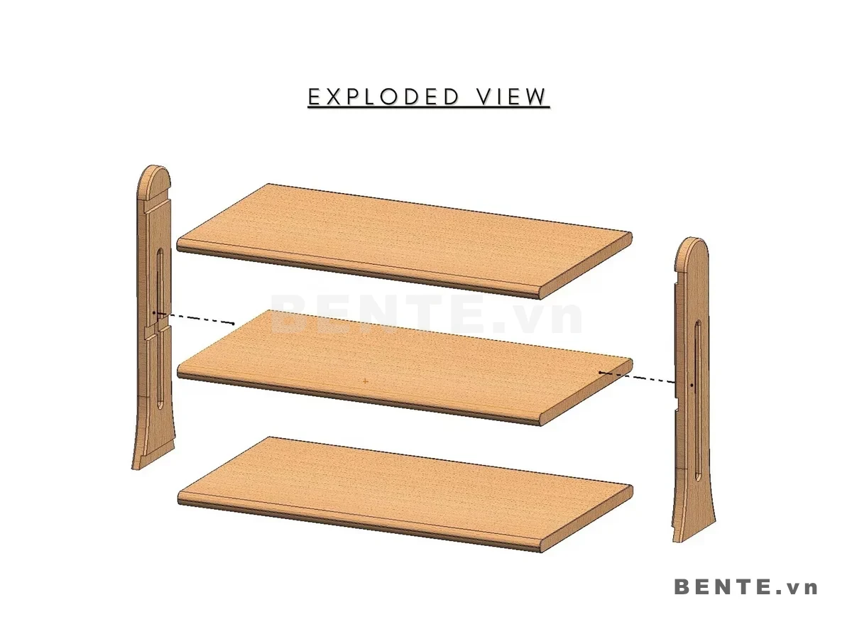 ảnh hướng dẫn lắp ráp, kệ giày gỗ 3 tầng hông khoét rãnh, kệ giày mặt kệ nhô hai bên