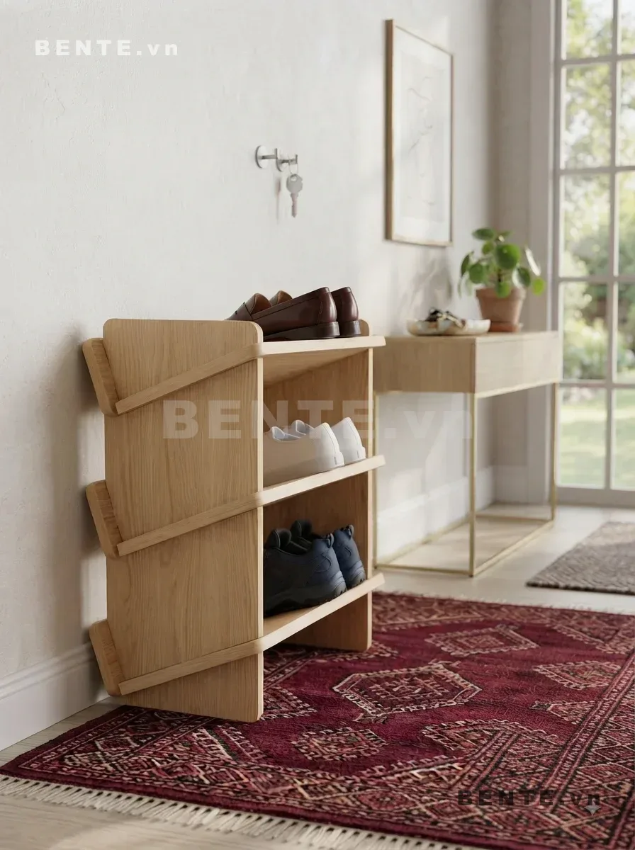 kệ giày vách bên rộng, kệ giày gỗ lắp ráp 3 tầng