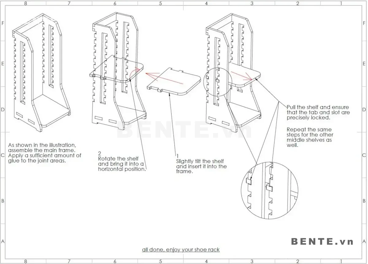 ảnh hướng dẫn lắp ráp, kệ giày gỗ 5 tầng hông vát nghiêng, kệ giày khung khoét rãnh dọc