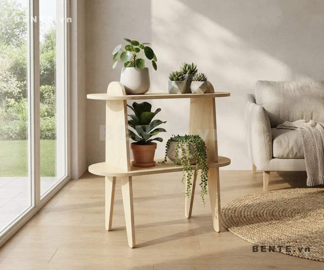 kệ để đồ hai tầng chân nghiêng, kệ gỗ lắp ráp 2 tầng