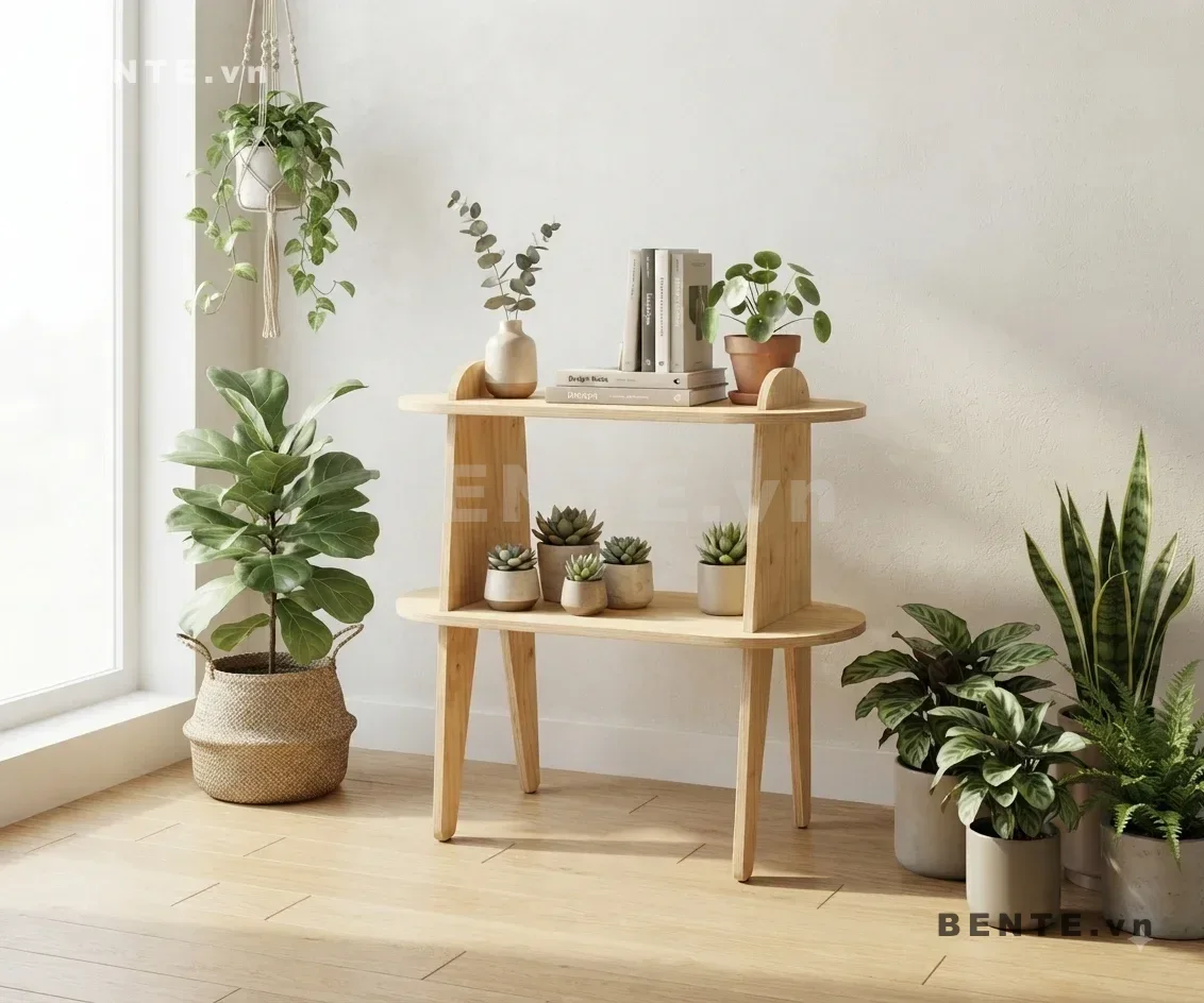 kệ phòng khách mặt kệ bo cong, kệ đặt cây có 2 tầng
