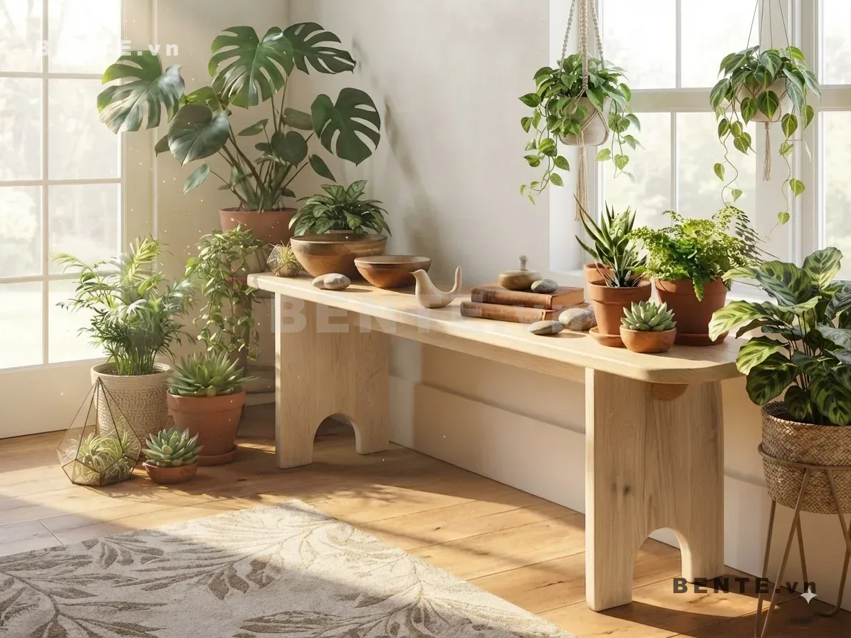 kệ phòng khách 2 tầng thấp, kệ để sách và cây cảnh