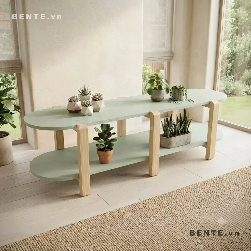 kệ phòng khách 2 tầng thấp, kệ cây cảnh mặt cong