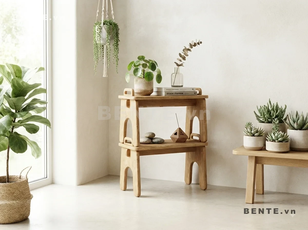 kệ phòng khách 2 tầng chân cong, kệ sách thấp khung vòm