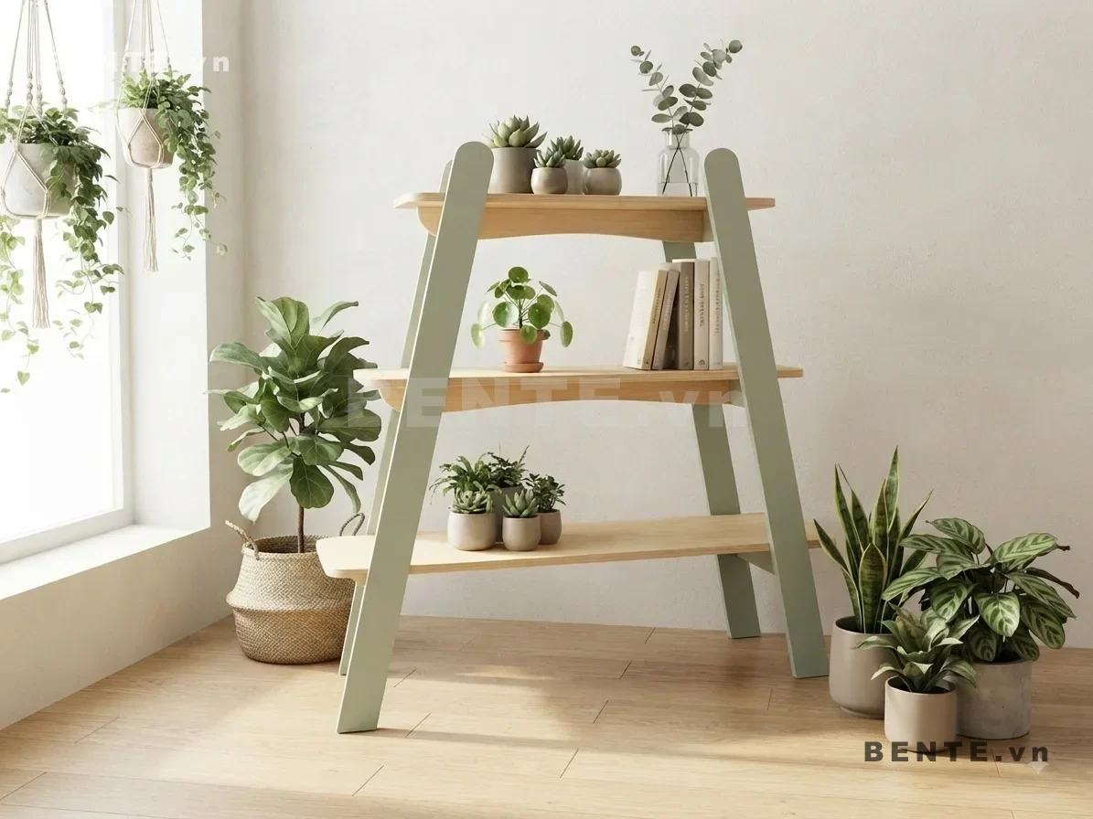 kệ gỗ mặt kệ nhô hai bên, kệ sách khung hai bên nghiêng