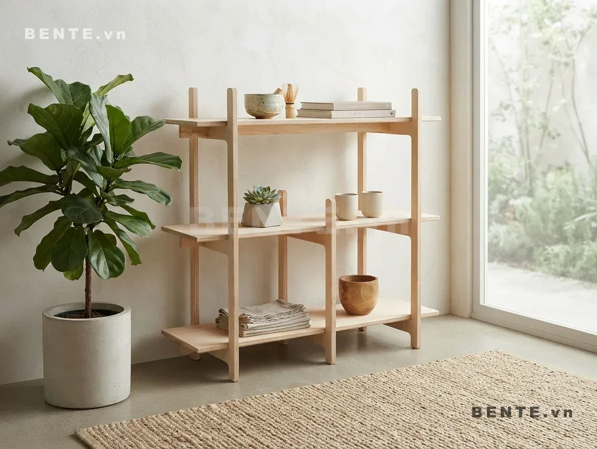 kệ gỗ mặt kệ so le hai bên, kệ trưng cây nhiều tầng