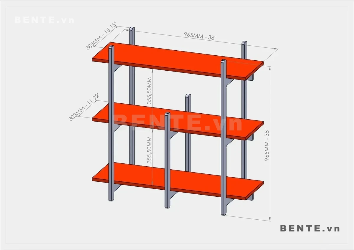 ảnh kích thước, kệ sách khung đan xen, kệ trang trí 3 tầng mở