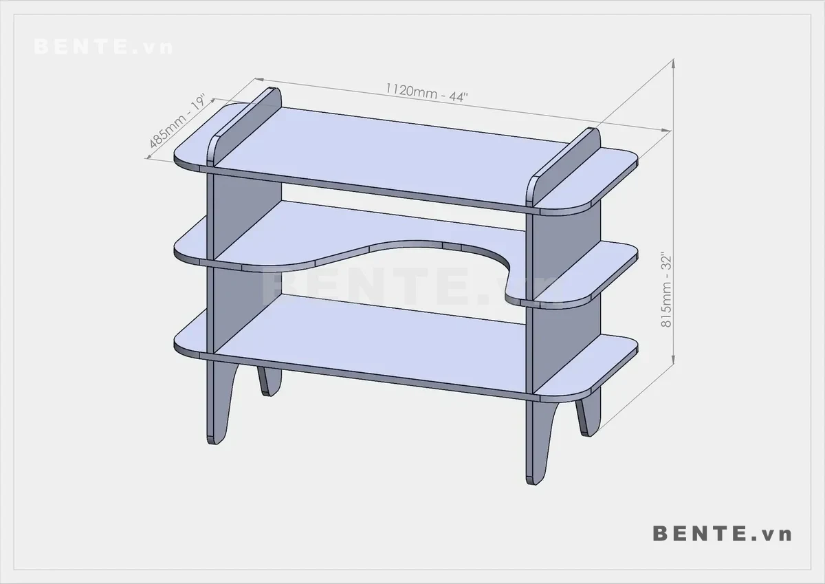 ảnh kích thước, kệ trưng bày chân khoét vòm, kệ phòng khách 3 tầng