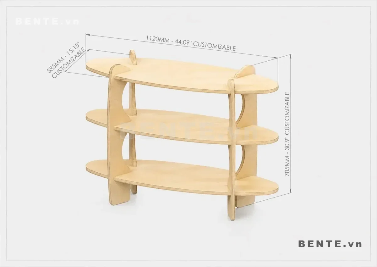 ảnh kích thước, kệ gỗ khung hai bên khoét cong