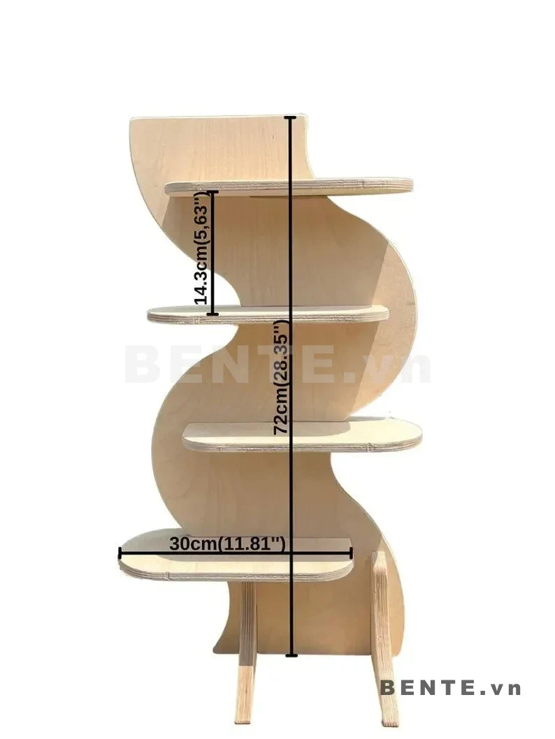 ảnh kích thước, kệ gỗ 4 tầng dáng chữ S, kệ gỗ vách giữa uốn cong