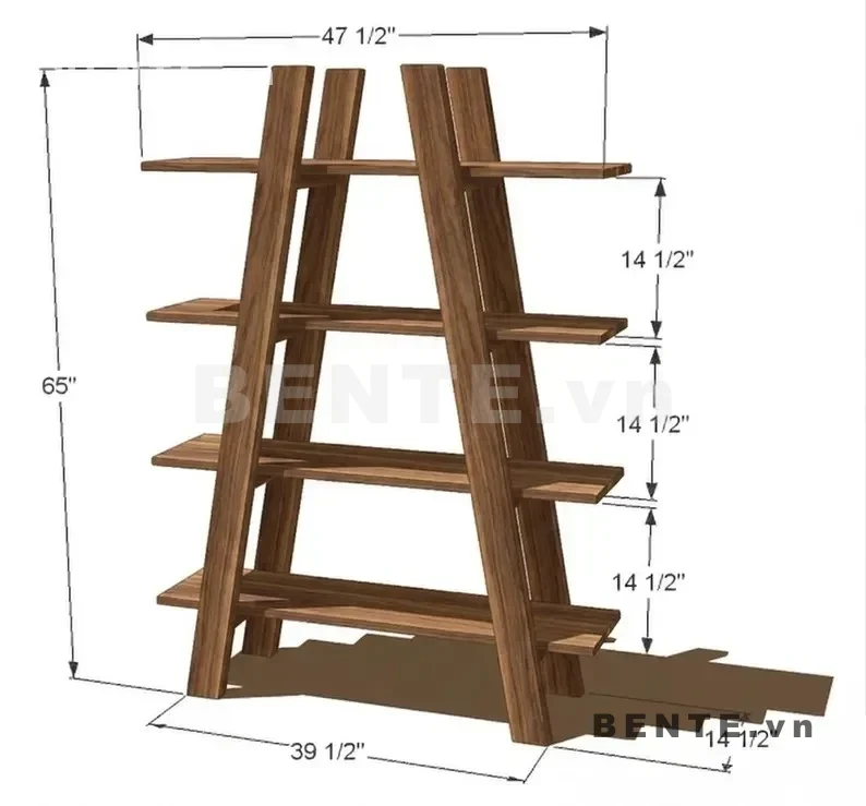 ảnh kích thước, kệ gỗ 4 tầng dạng thang, kệ gỗ mặt kệ vươn hai bên