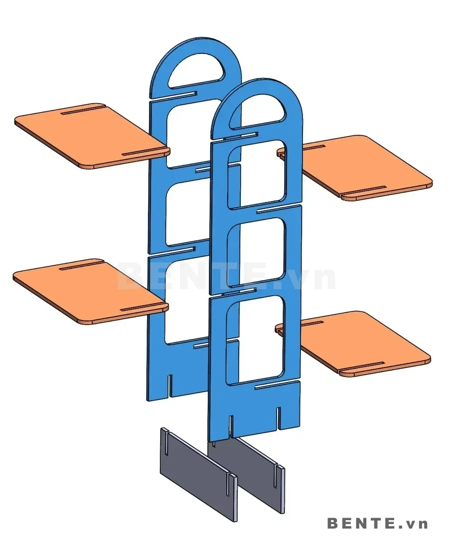 ảnh hướng dẫn lắp ráp, kệ gỗ 4 tầng hông khoét ô bo tròn, kệ sách đầu khung dạng vòm