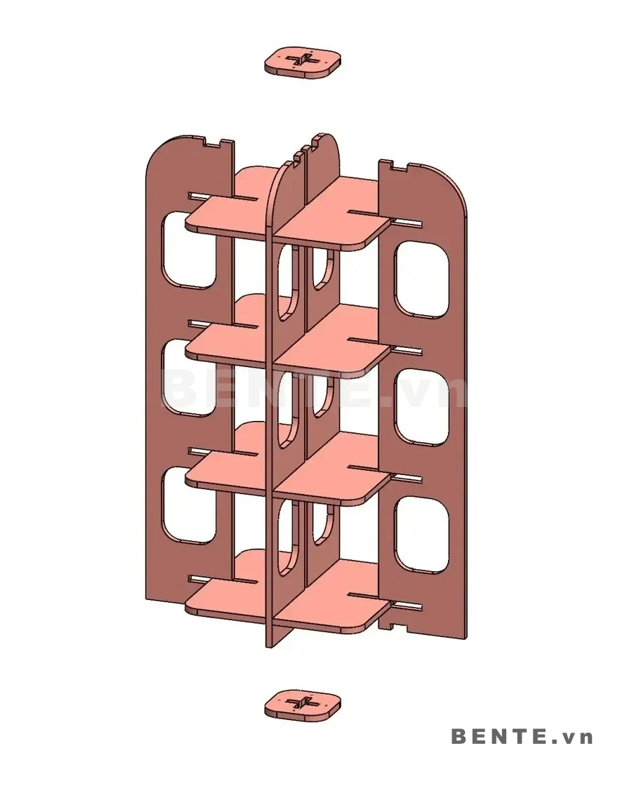 ảnh hướng dẫn lắp ráp, kệ gỗ 4 tầng mặt kệ hai bên, kệ gỗ khung giữa khoét ô bo tròn