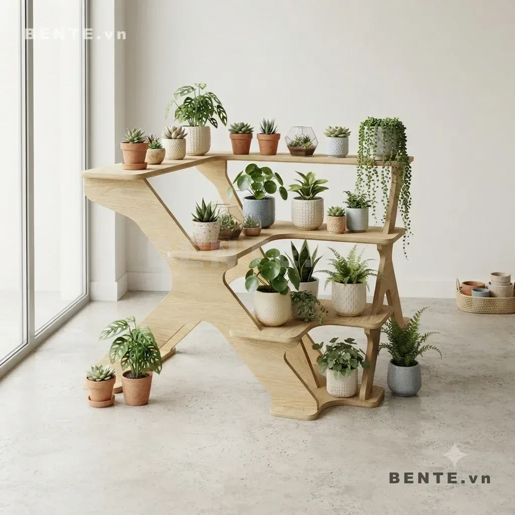 kệ decor khung cong, kệ gỗ lắp ráp 4 tầng