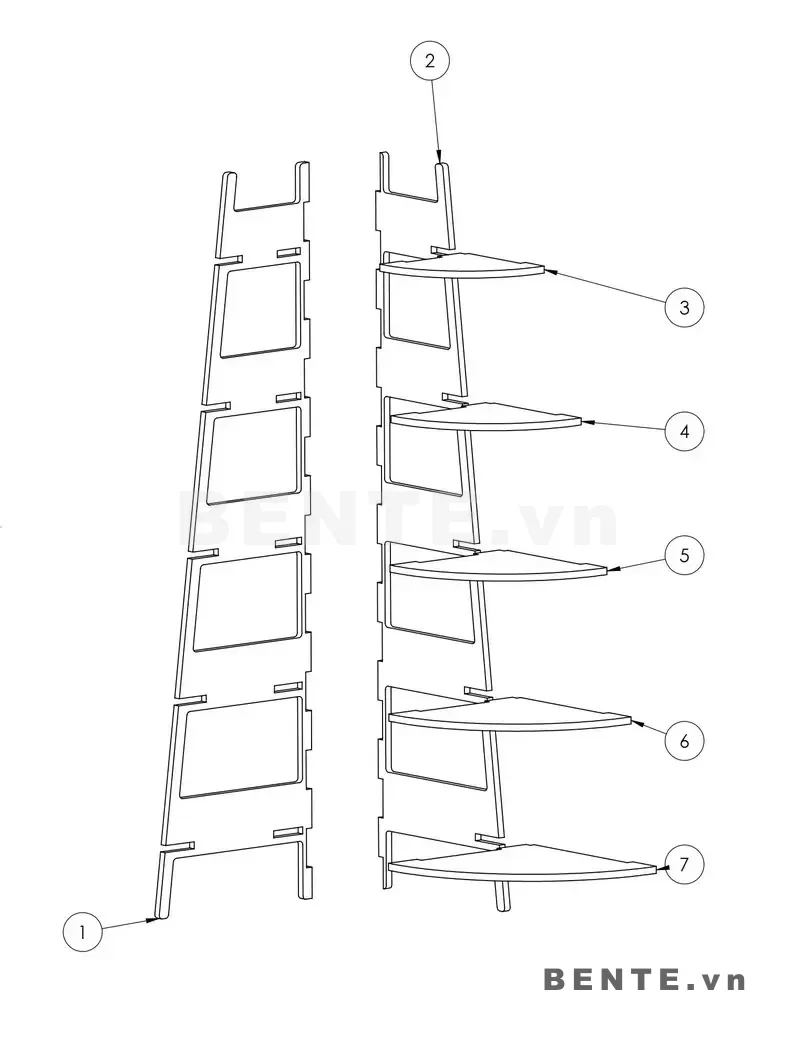 ảnh hướng dẫn lắp ráp, kệ gỗ 5 tầng dáng thang, kệ sách 5 tầng thu nhỏ dần