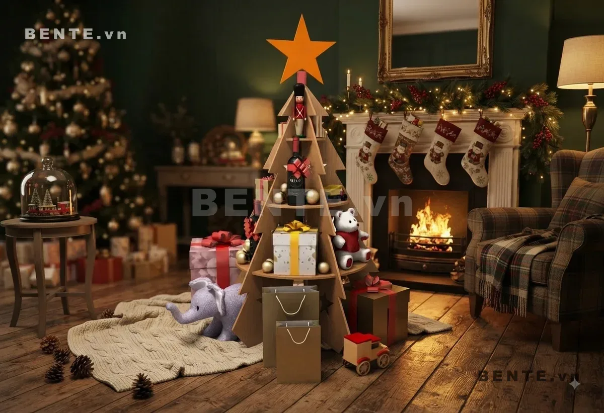 kệ cây thông có ngôi sao, kệ Noel nhiều tầng trưng đồ