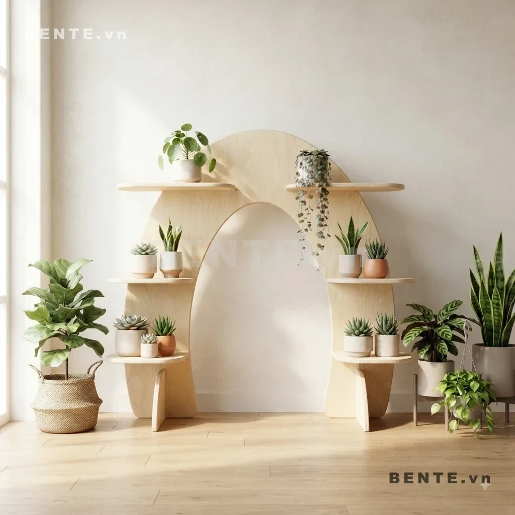 kệ decor dáng vòm lớn, kệ sách mặt kệ bo cong