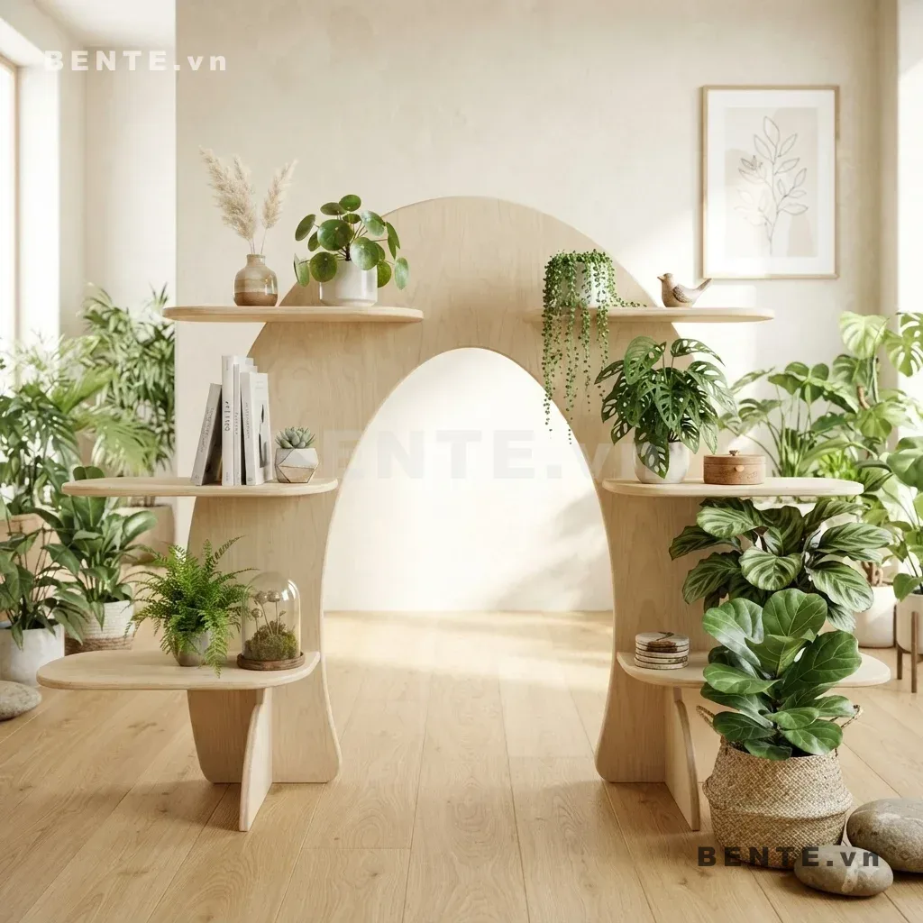 kệ gỗ chân tấm cong, kệ trưng tượng nhiều tầng