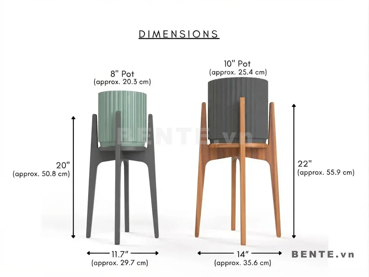 ảnh kích thước, kệ trồng cây 4 chân, kệ cây cảnh chân cao
