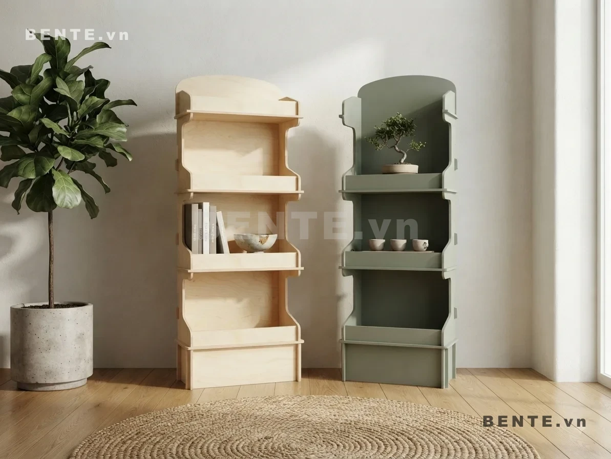 kệ để đồ có khoang đáy, kệ phòng khách mặt khay cong