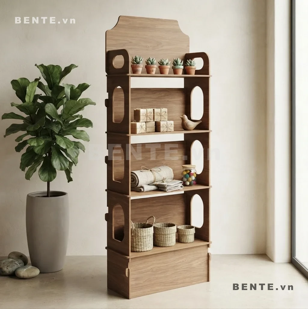 kệ gỗ nhiều tầng hông khoét oval, kệ tầng tấm lưng bo cong