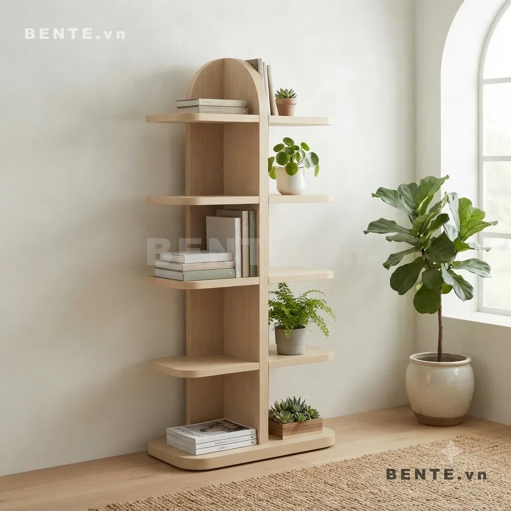 kệ gỗ nhiều tầng khung lưng cong, kệ sách mặt kệ so le hai bên