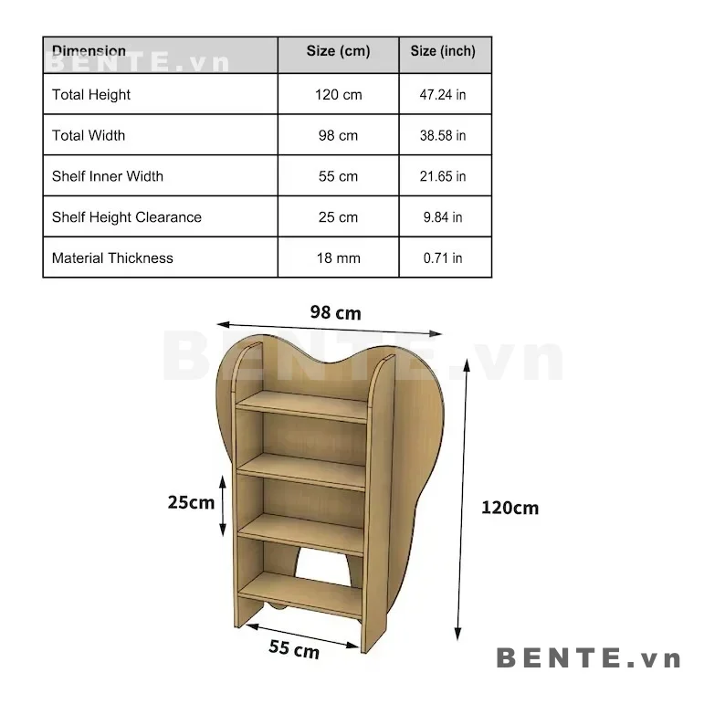 ảnh kích thước, kệ sách 4 tầng cho bé, kệ sách hông bo lượn