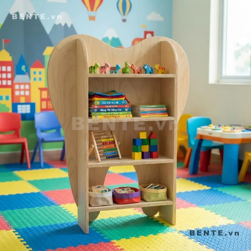 kệ sách Montessori hình răng, kệ phòng trẻ em khung cong