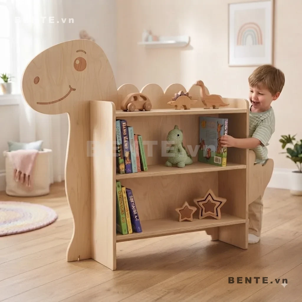 kệ sách có đuôi khủng long, kệ gỗ trẻ em lắp ráp