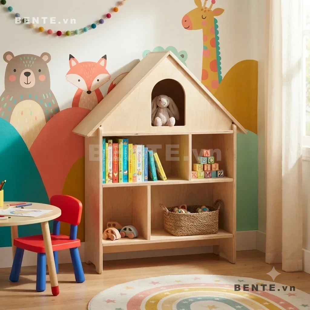 kệ Montessori hình ngôi nhà, kệ trẻ em nhiều khoang
