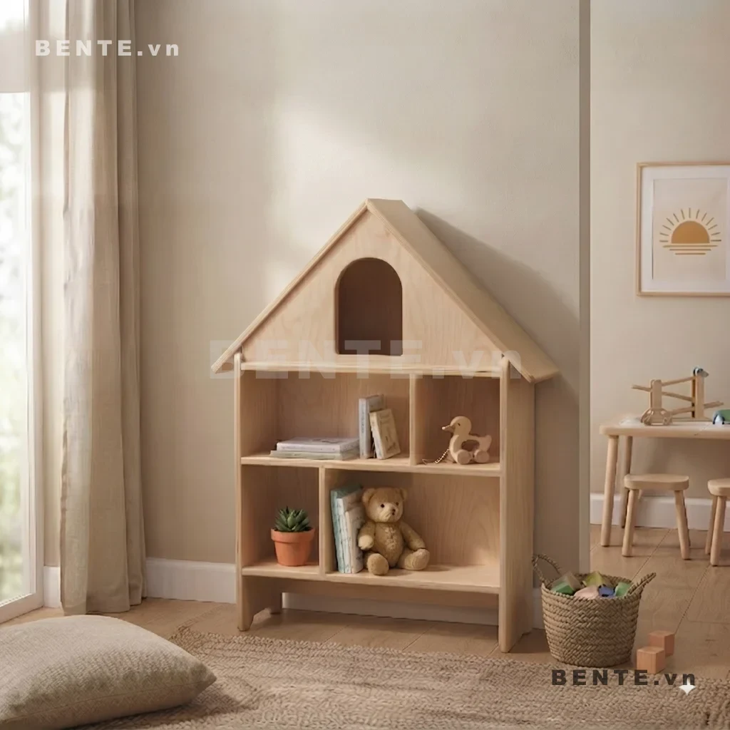 kệ tủ đồ chơi cho bé, kệ gỗ trẻ em lắp ráp hình nhà