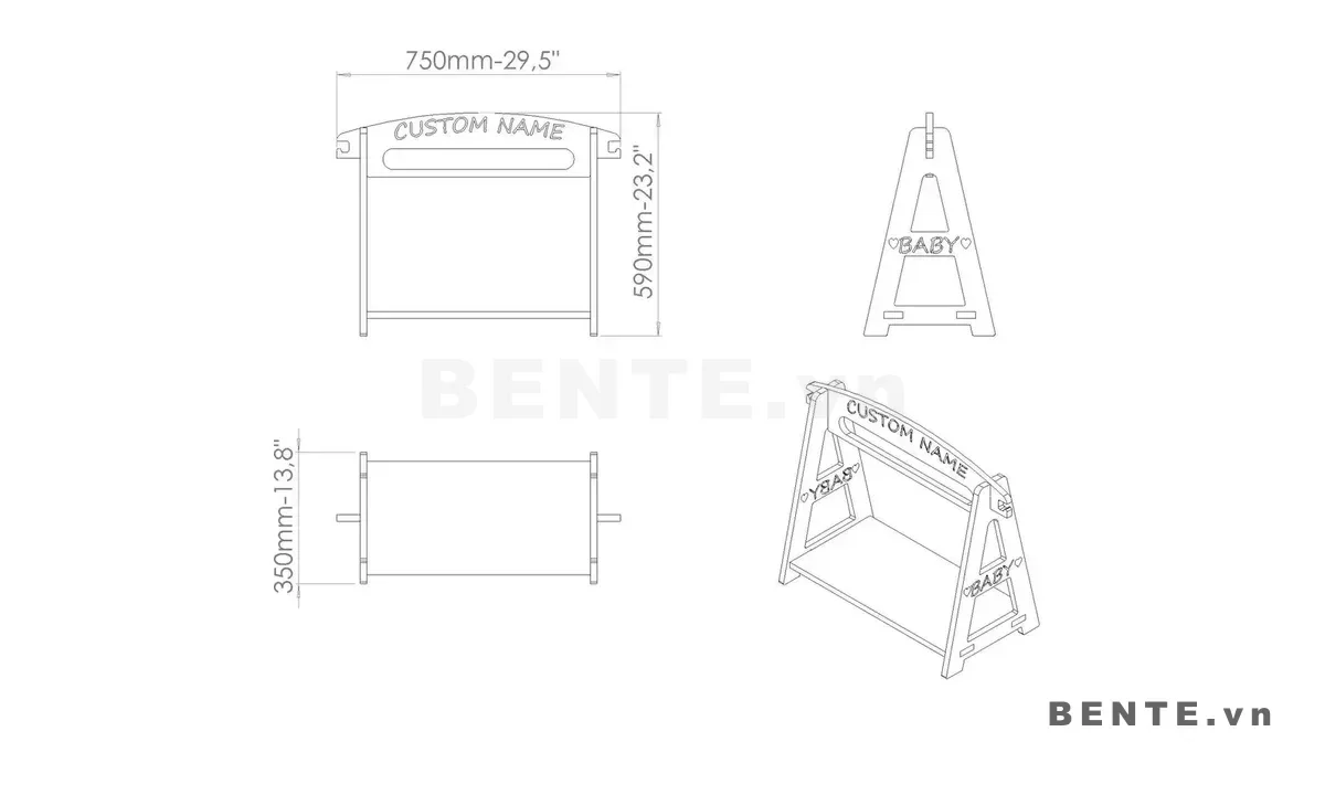 ảnh kích thước, kệ gỗ trẻ em treo quần áo đầu cong, kệ treo đồ trẻ em nhiều móc