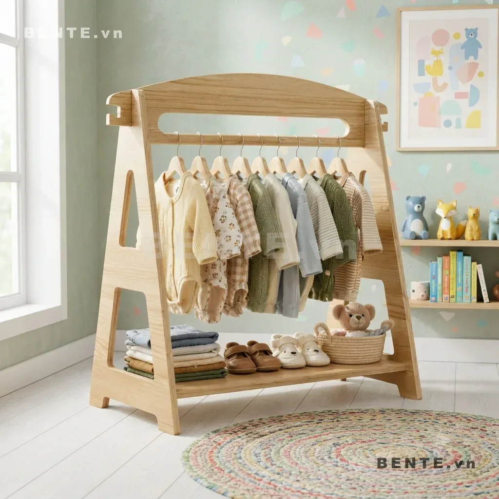 kệ thay đồ cho bé có kệ dưới, kệ gỗ trẻ em treo đồ lắp ráp