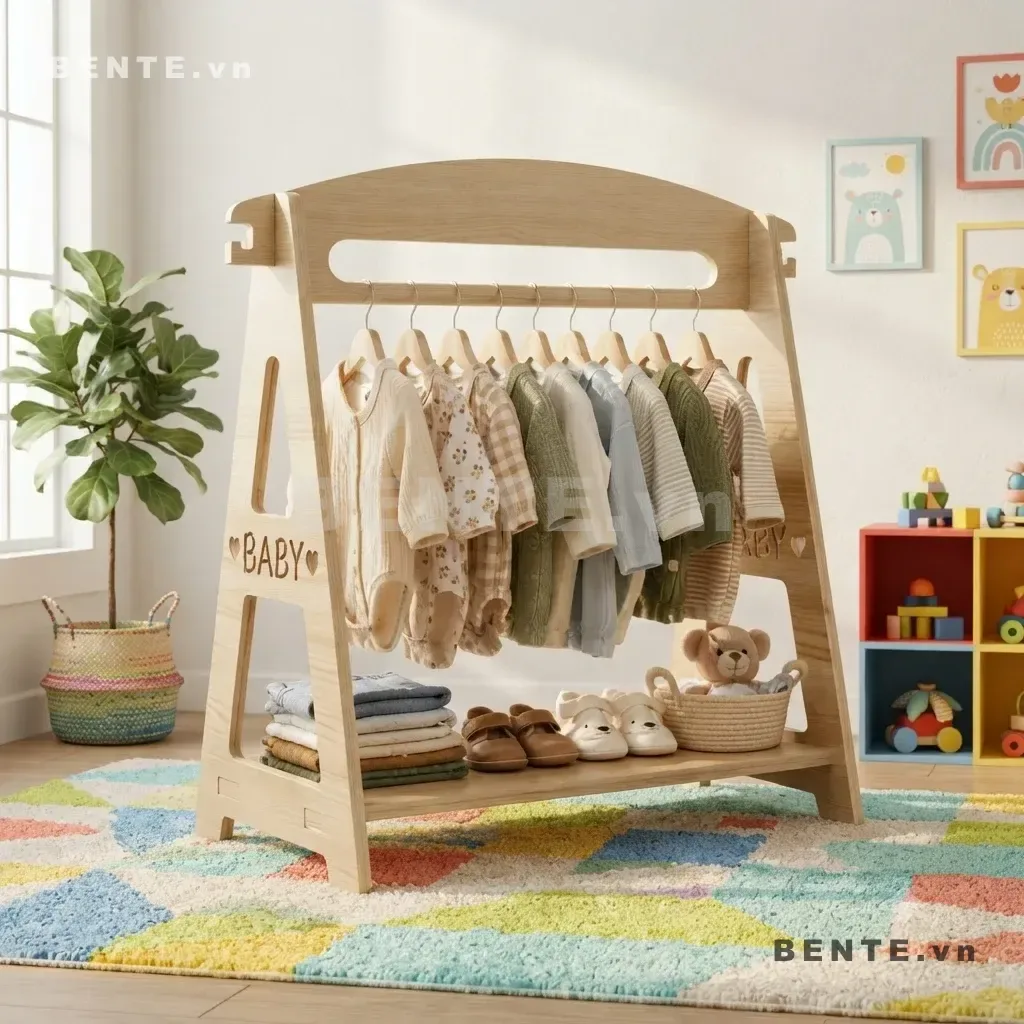 kệ quần áo trẻ em khung mở, giá treo quần áo Montessori có kệ