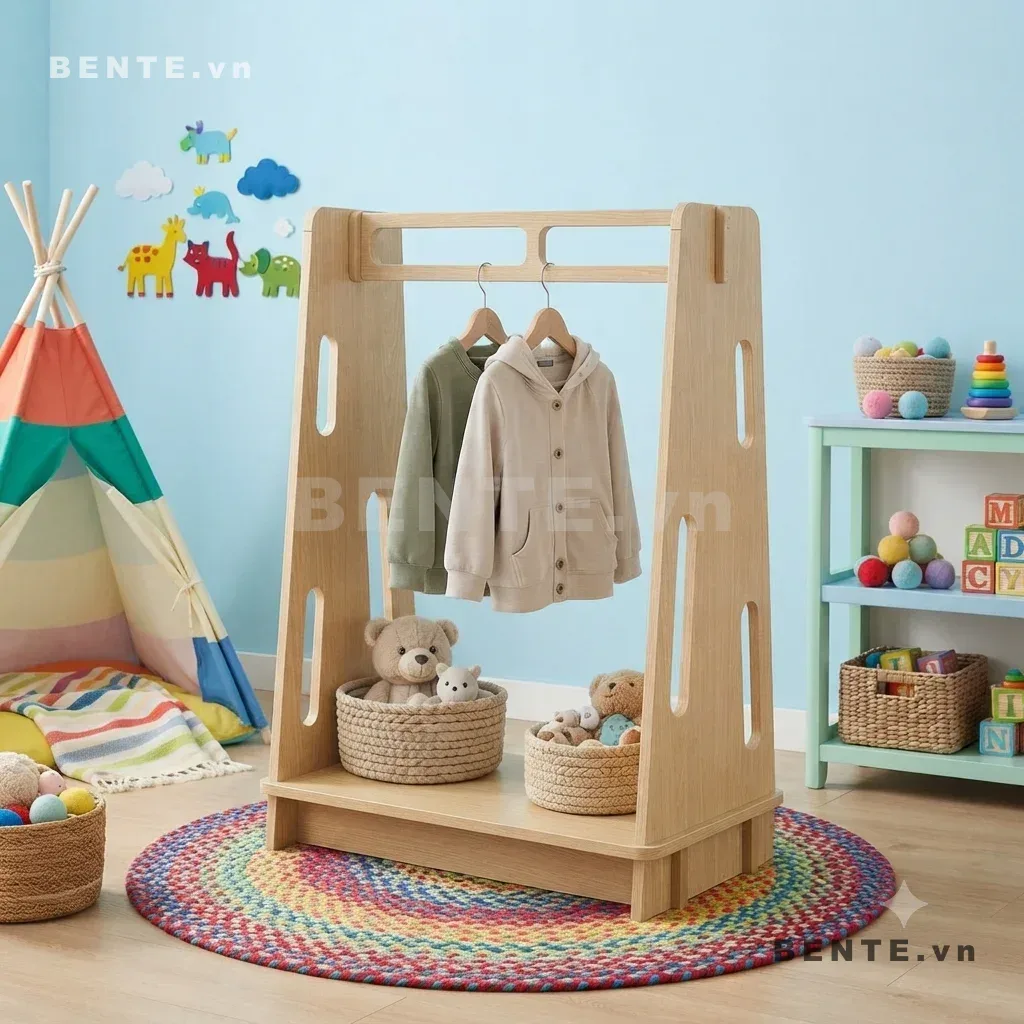 giá treo quần áo Montessori, kệ treo đồ phòng trẻ em