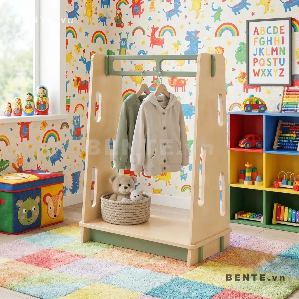 Kệ Gỗ Treo Quần Áo Trẻ Em, Thanh Treo Có Móc, Kệ Để Đồ Phía Dưới, Lắp Ráp Đơn Giản - K63841, kệ gỗ trẻ em treo quần áo, kệ treo đồ trẻ em có móc, kệ quần áo có ngăn để đồ, kệ treo áo khoác cho bé, kệ treo quần áo hông khoét dài, kệ quần áo trẻ em có kệ dưới, giá treo quần áo Montessori, kệ treo đồ phòng trẻ em, kệ quần áo có thanh móc, kệ gỗ trẻ em lắp ráp