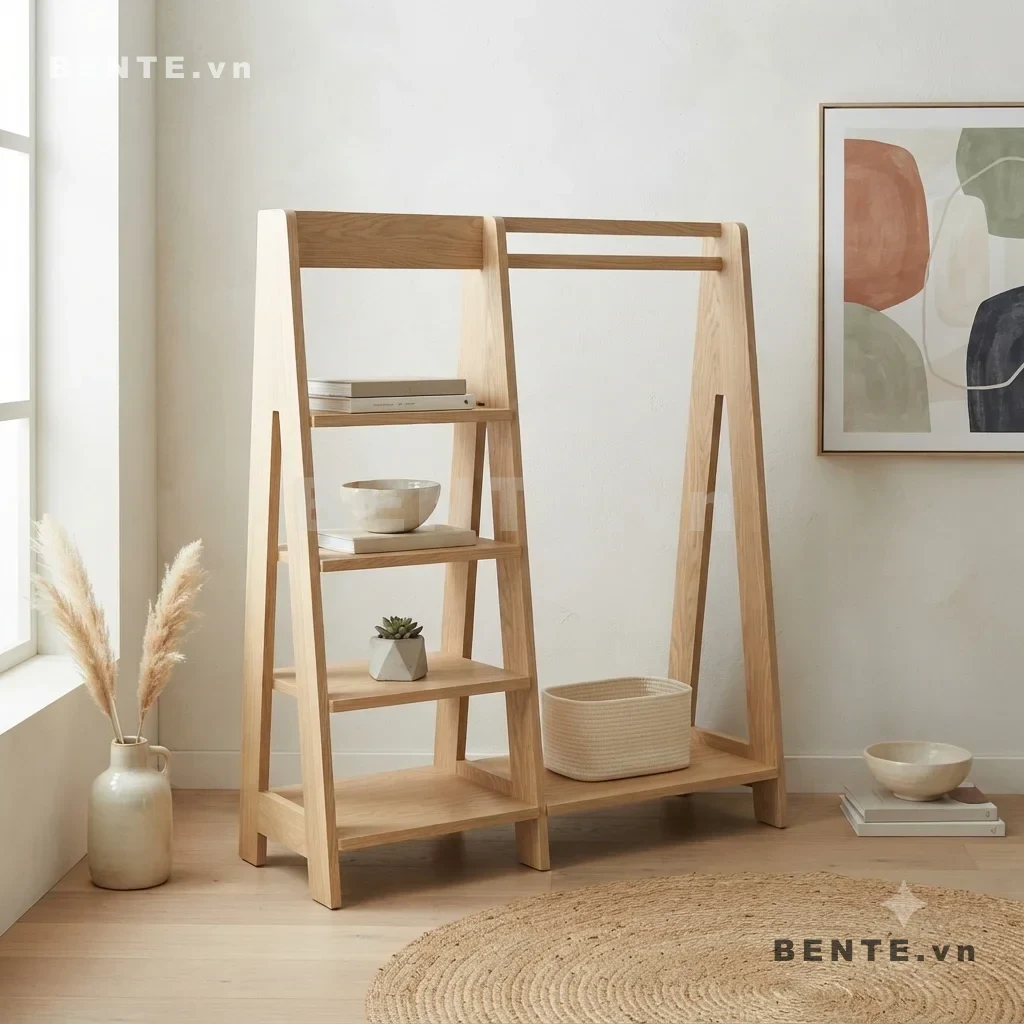 kệ quần áo Montessori có kệ sách, kệ trẻ em chia khu vực treo và để đồ