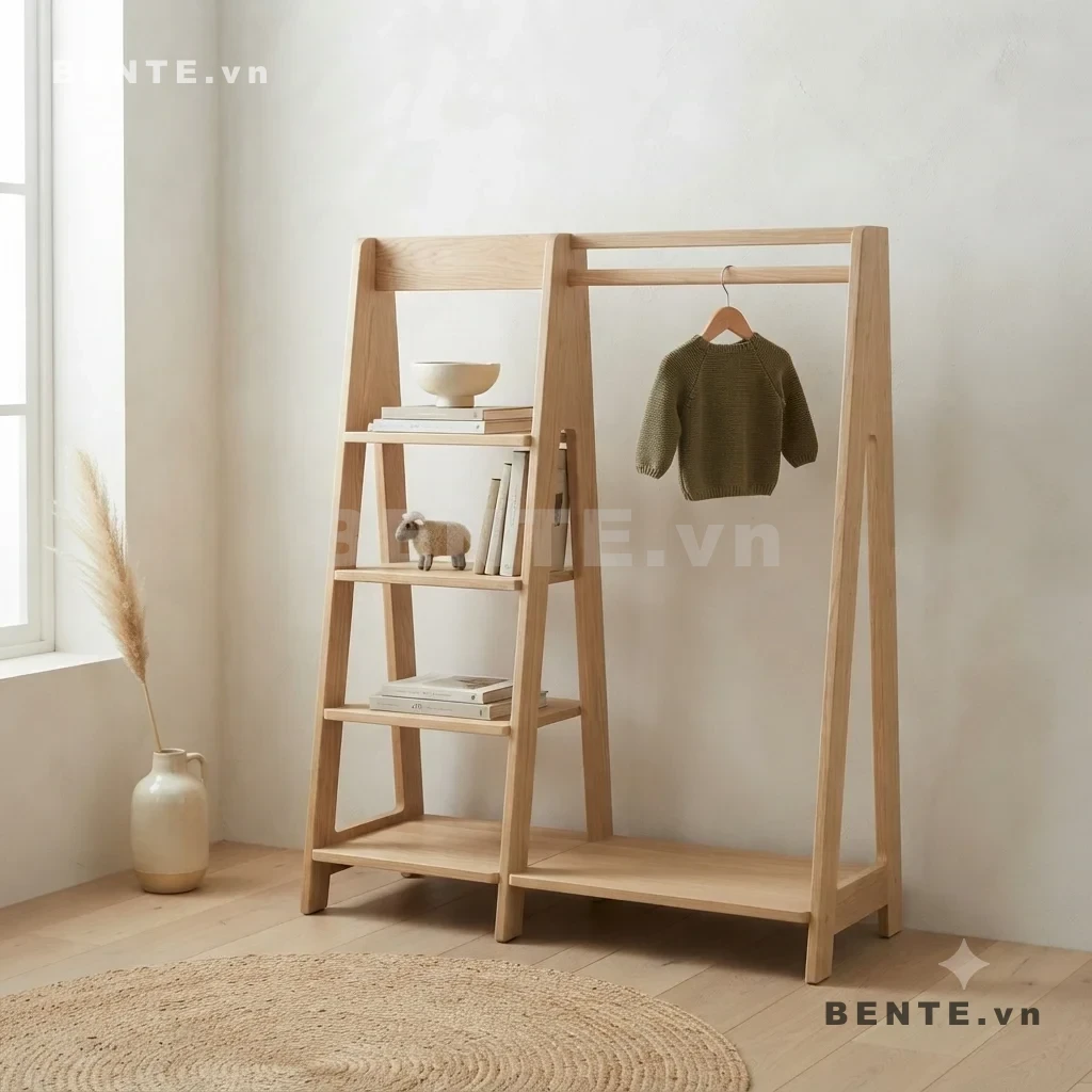 Kệ Gỗ Treo Quần Áo Trẻ Em Kết Hợp Kệ 4 Tầng, Kệ Để Đồ Phía Dưới, Lắp Ráp Đơn Giản - K42157, kệ gỗ trẻ em treo quần áo kết hợp kệ sách, kệ quần áo trẻ em 4 tầng, kệ treo đồ có giá sách, kệ treo áo kết hợp kệ mở, kệ quần áo Montessori có kệ sách, kệ trẻ em chia khu vực treo và để đồ, kệ treo quần áo có nhiều tầng, kệ sách trẻ em có thanh treo, kệ phòng trẻ em đa năng treo đồ, kệ gỗ trẻ em lắp ráp