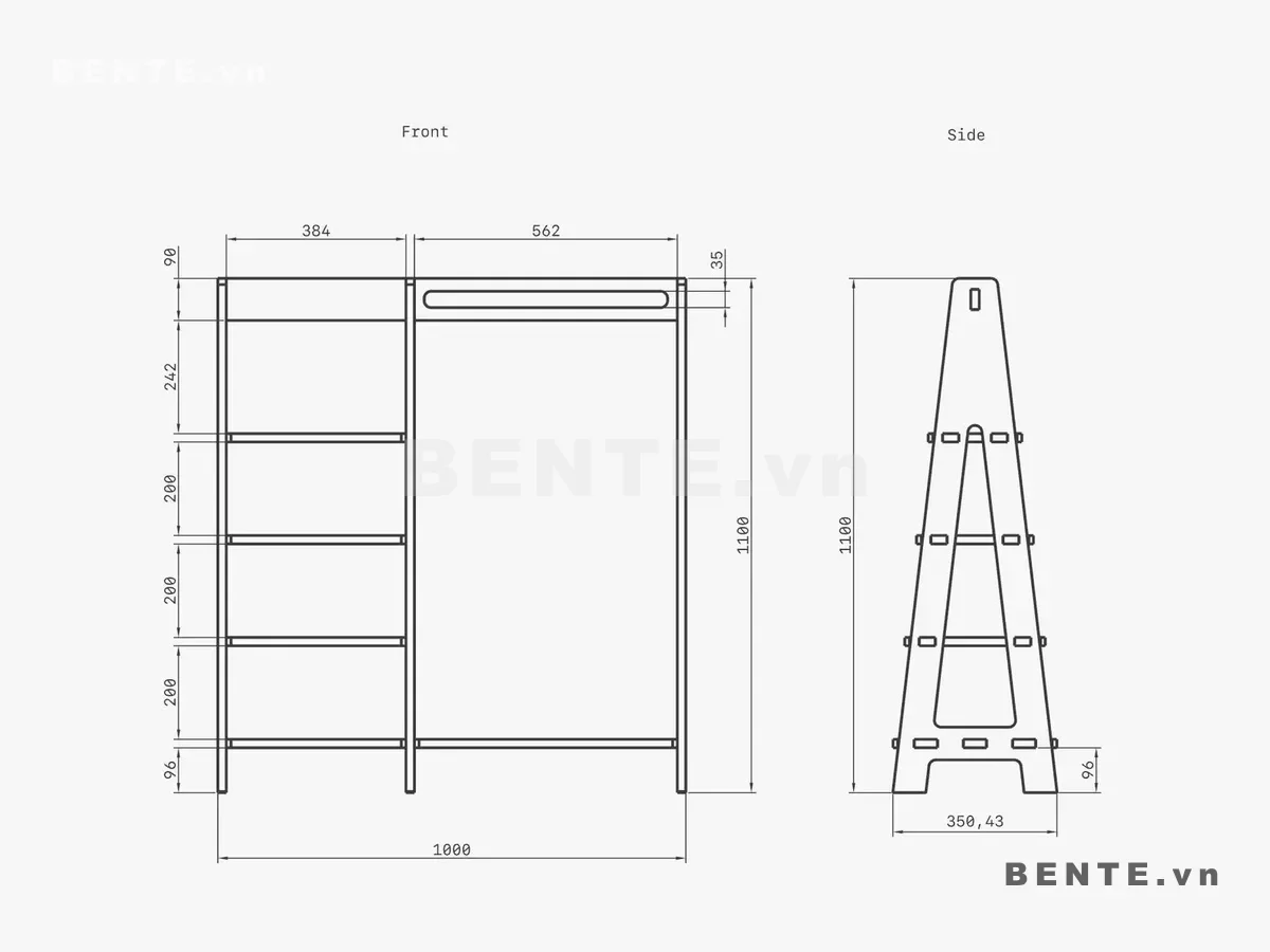 ảnh kích thước, kệ gỗ trẻ em treo quần áo kết hợp kệ sách, kệ quần áo trẻ em 4 tầng