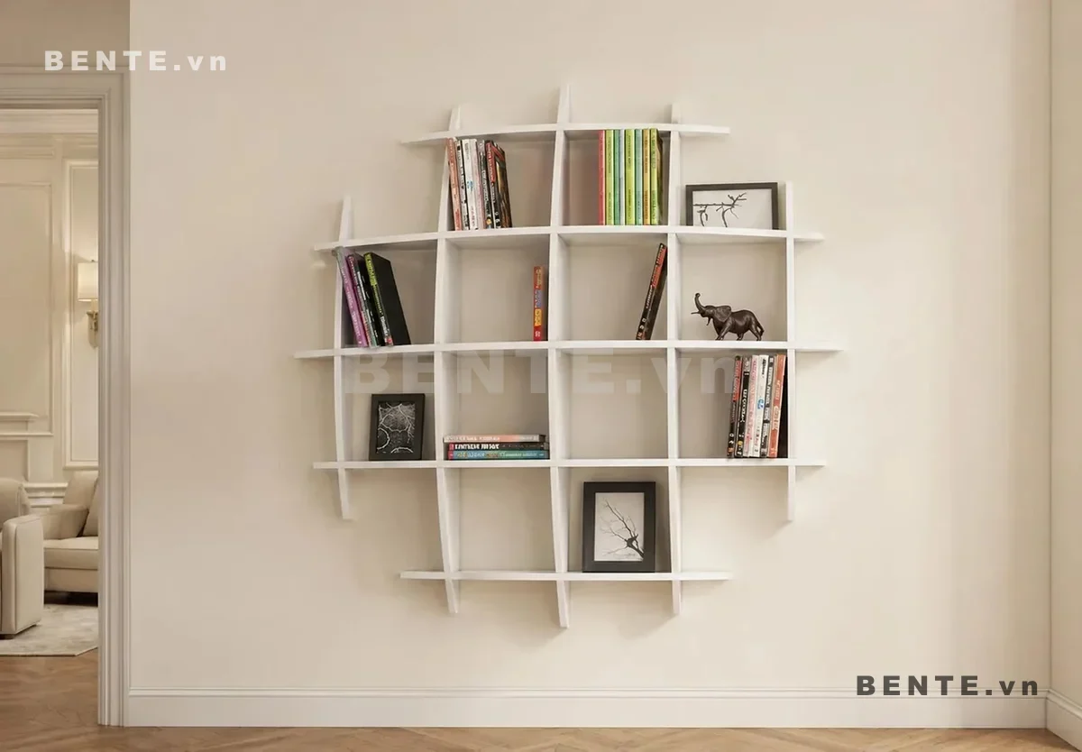 kệ gỗ ô chữ nhật so le, kệ treo tường nhiều khoang mở, kệ gỗ trưng sách và đồ decor
